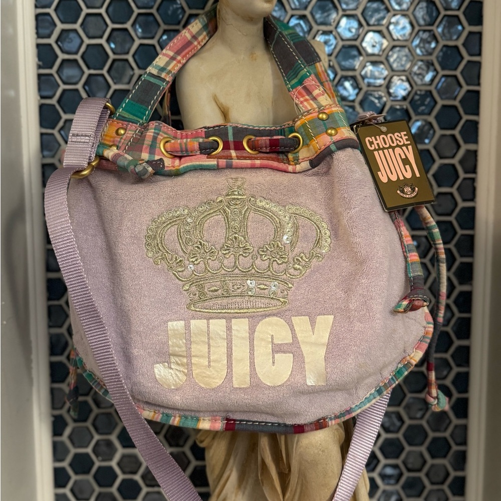 Royal Juicy Couture Purse Purple With Plaid Straps Crown Vintage Pink Crossbody